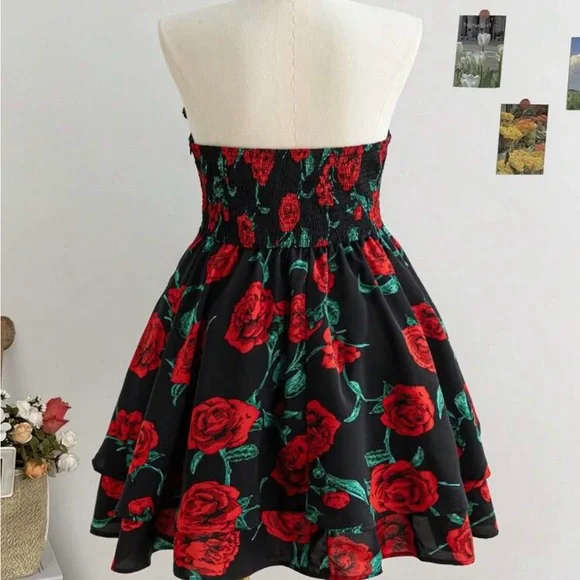 SHEIN Black and Red Floral Mini Dress - Picture 2 of 2